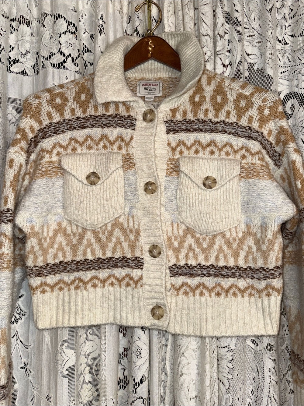 American Eagle Outfitters Cream, Tan & Brown Fair Isle Button Cardigan